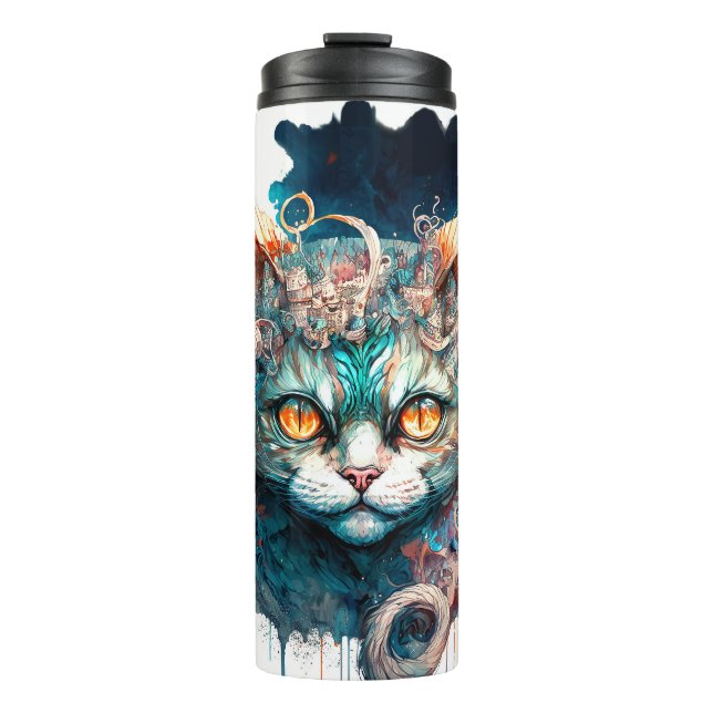 Garrafa Térmica Gato de aquarela no estilo steampunk (Frente)