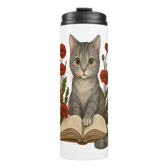 Garrafa Térmica Gato de Bookit - Gato de Leitura Bonita com Poppie (Frente)