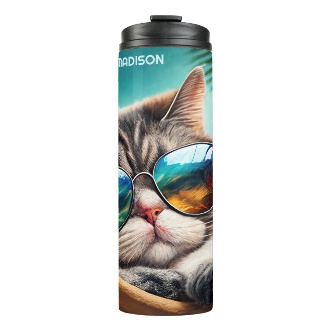 Garrafa Térmica Gato de Férias de Nome Personalizado (Frente)