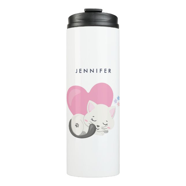 Garrafa Térmica Gato de Gatinha Doce Dormindo com Coração Rosa Gra (Frente)