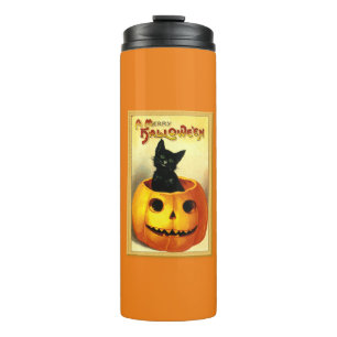 Garrafa Térmica Gato de Halloween Sentado na Jack O Lantern
