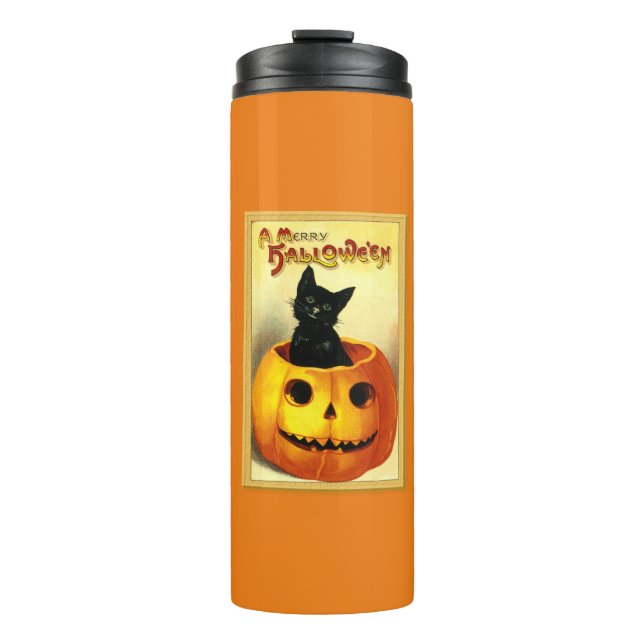 Garrafa Térmica Gato de Halloween Sentado na Jack O Lantern (Frente)