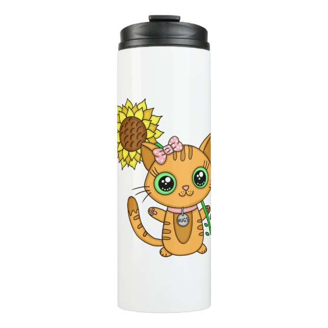 Garrafa Térmica Gato de Kawaii, Laranja, bonito, com girassol (Frente)