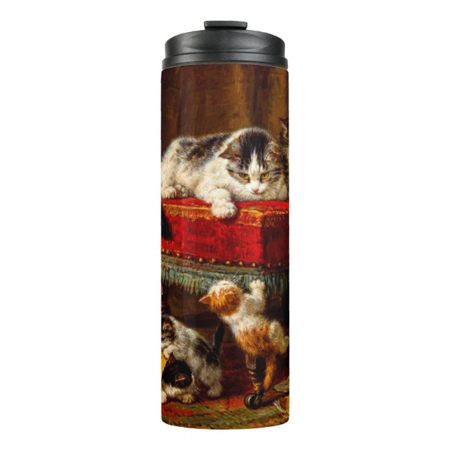 Garrafa Térmica Gato e Gatinhos Brincando com Cadeira (Frente)