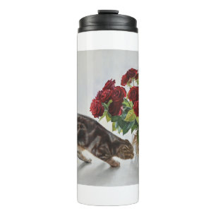 Garrafa Térmica Gato e Rosas Vermelhas – Impressão de Pintura a Ól