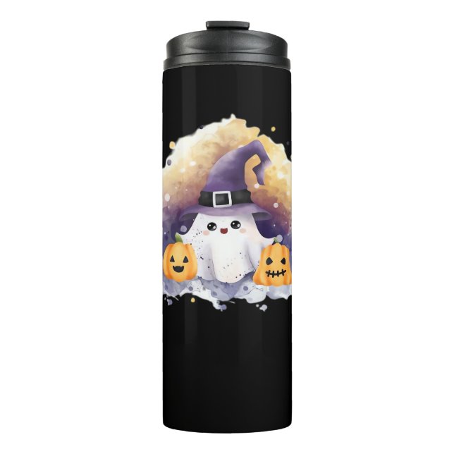 Garrafa Térmica Gato Fantasma Bonito com Pumpkins - Kawaii Hallowe (Frente)