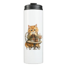 Gato Fofo e Felpudo Bebendo Café Aquarela Vintage