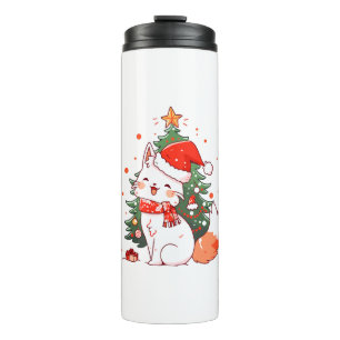 Garrafa Térmica Gato fofo vestindo chapéu de Papai Noel perto da á