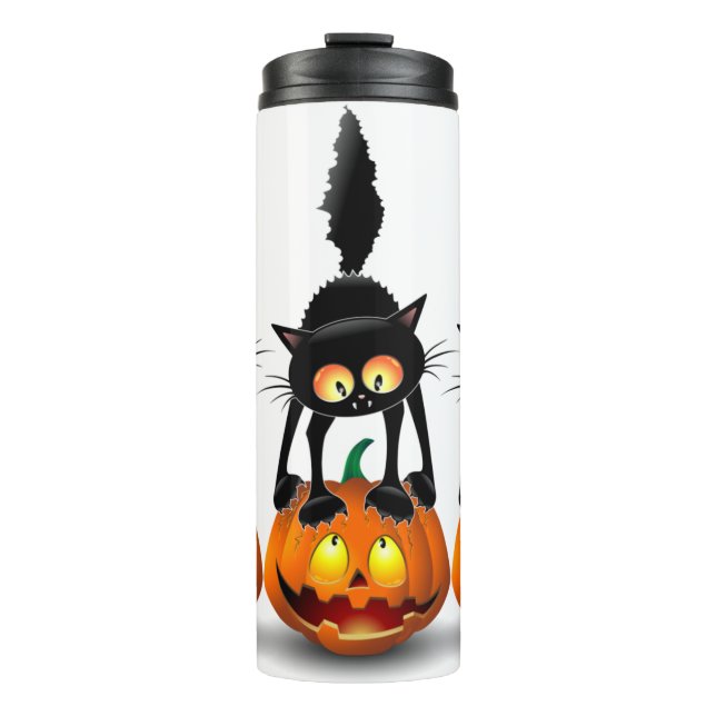 Garrafa Térmica Gato Halloween Caricatura Assustada na Pumpkin (Frente)