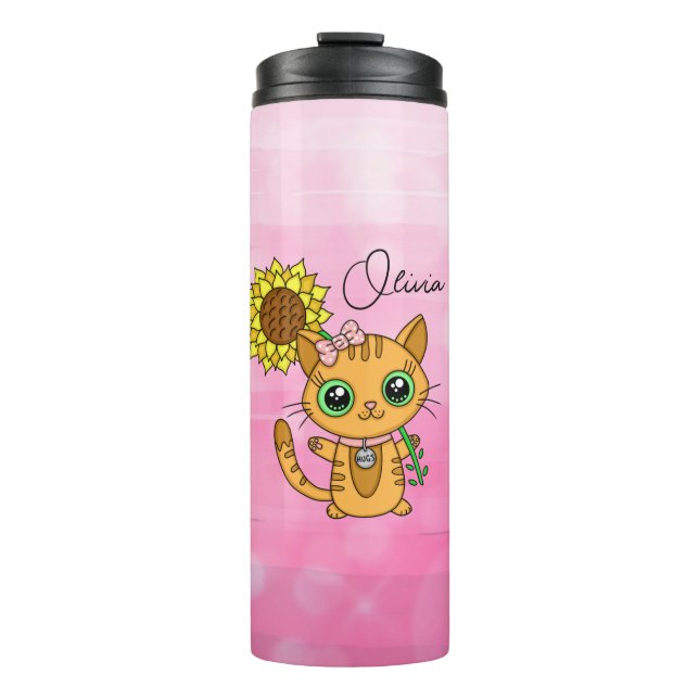 Garrafa Térmica Gato Kawaii, Cute Personalizado, Segurando Flor (Frente)