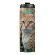 Gato laranja branco bonito em jardim floral