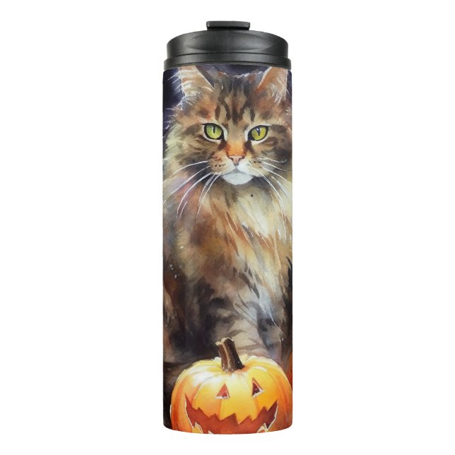 Garrafa Térmica Gato Maine Coon de Halloween com Abóboras Assustad (Frente)