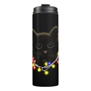 Garrafa Térmica Gato negro com luzes de Natal