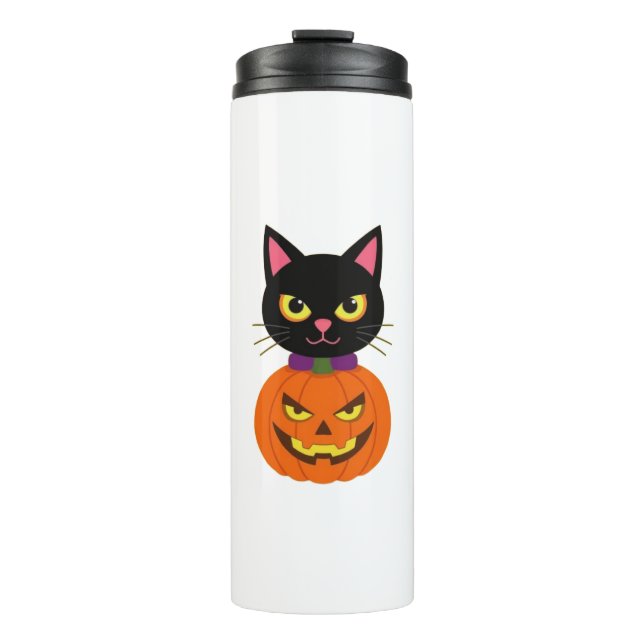 Garrafa Térmica Gato Negro e Jack-O'-Lanterna no Halloween Spooky (Frente)