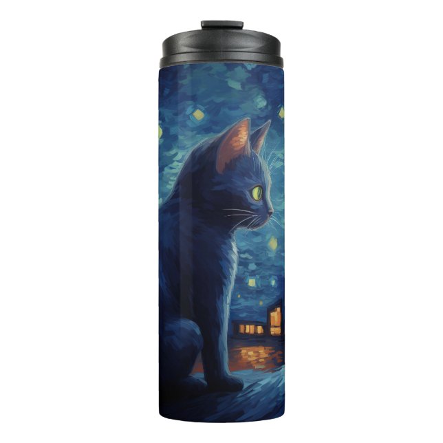 Garrafa Térmica Gato Negro sentado no prédio (Frente)