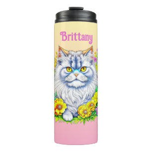 Garrafa Térmica Gato Persa Branco em Flores Personalizado
