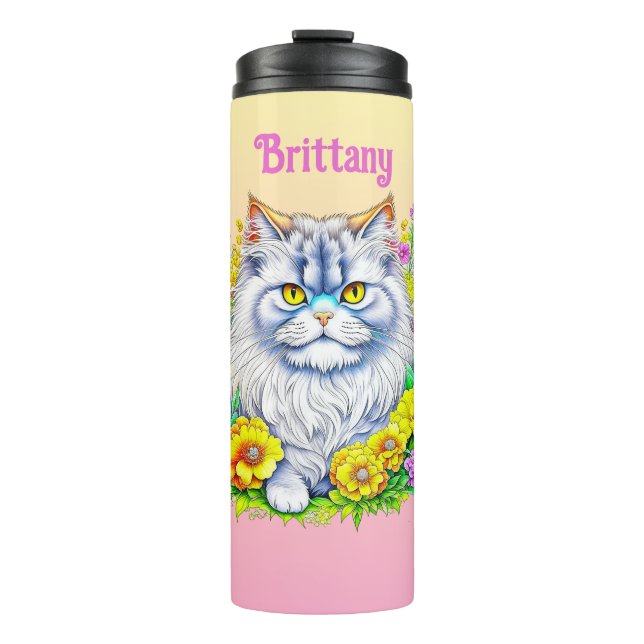 Garrafa Térmica Gato Persa Branco em Flores Personalizado (Frente)