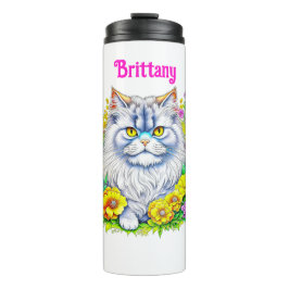 Garrafa Térmica Gato Persa Branco em Flores Personalizado