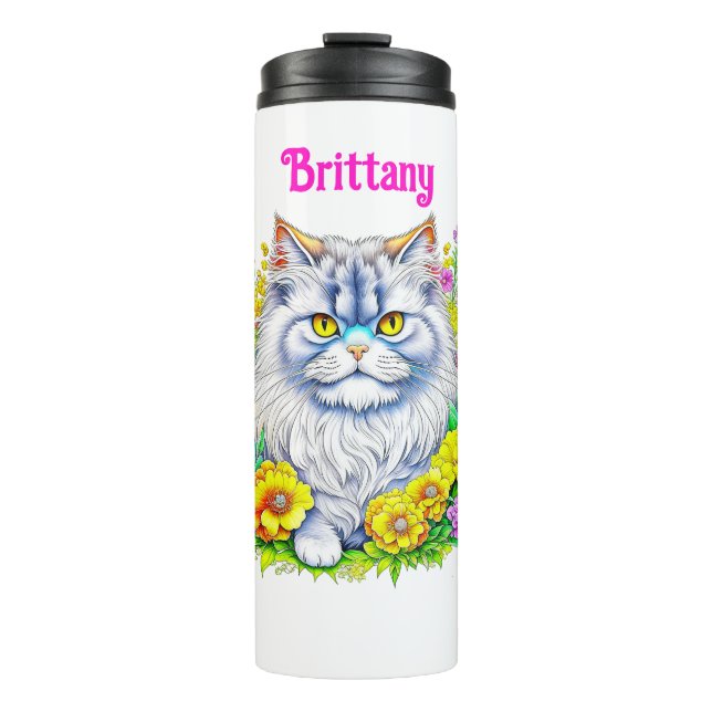 Garrafa Térmica Gato Persa Branco em Flores Personalizado (Frente)
