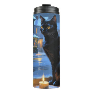 Garrafa Térmica Gato Preto Com Luzes de Natal Feriado