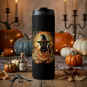 Garrafa Térmica Gato Preto de Abóbora de Halloween Bruxa Gato Assu