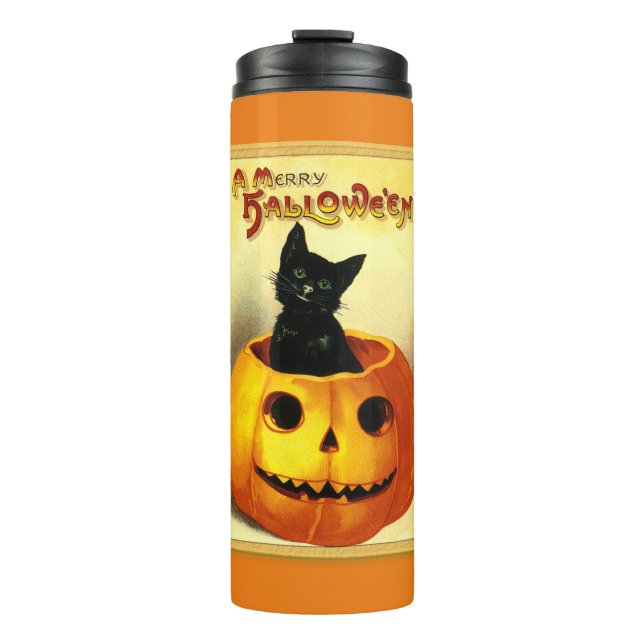 Garrafa Térmica Gato Preto de Halloween  (Frente)