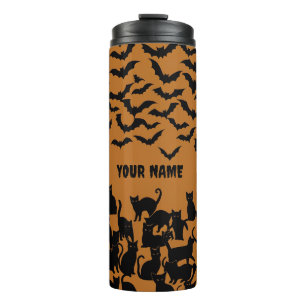 Garrafa Térmica Gato Preto do Halloween Morcego Laranja Padrão Ass