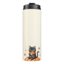 Gato Preto Kawaii de Outono Aconchegante com Café