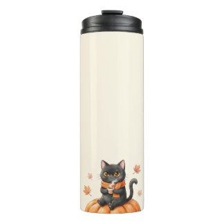 Garrafa Térmica Gato Preto Kawaii de Outono Aconchegante com Café