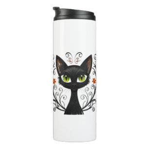 Garrafa Térmica Gato Preto Minimalista Olhos Verdes Design em Fili