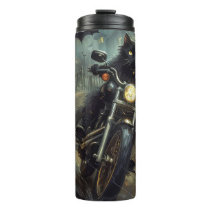 Garrafa Térmica Gato Preto Pilotando Moto Halloween Assustador