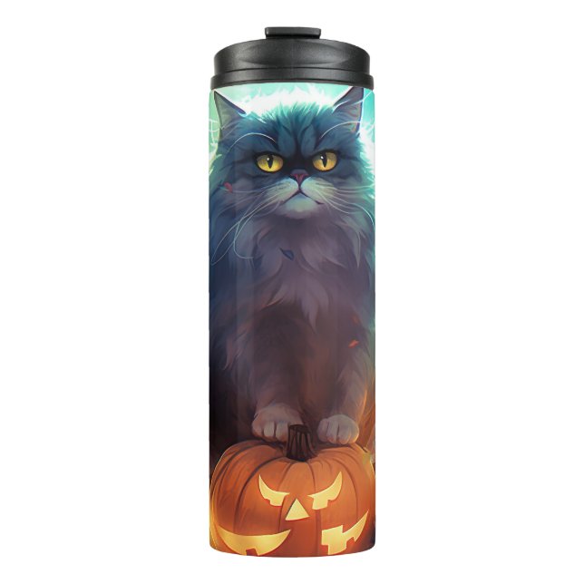 Garrafa Térmica Gato Siberiano de Halloween com Abóboras Assustado (Frente)