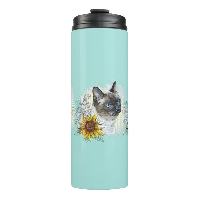 Garrafa Térmica Gato tailandês engraçado desenhando mão com flores (Frente)