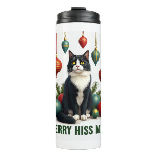 Garrafa Térmica Gato Tuxedo de Natal com Decorações de Feriado Mer