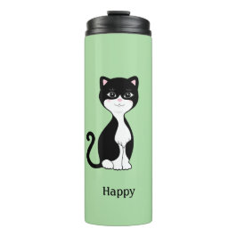 Garrafa Térmica Gato Tuxedo Fofo e Feliz em Verde Claro