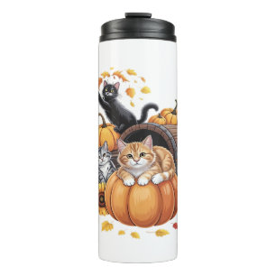 Garrafa Térmica Gatos Caem Autumn Pumpkins Ação de Graças Girassol