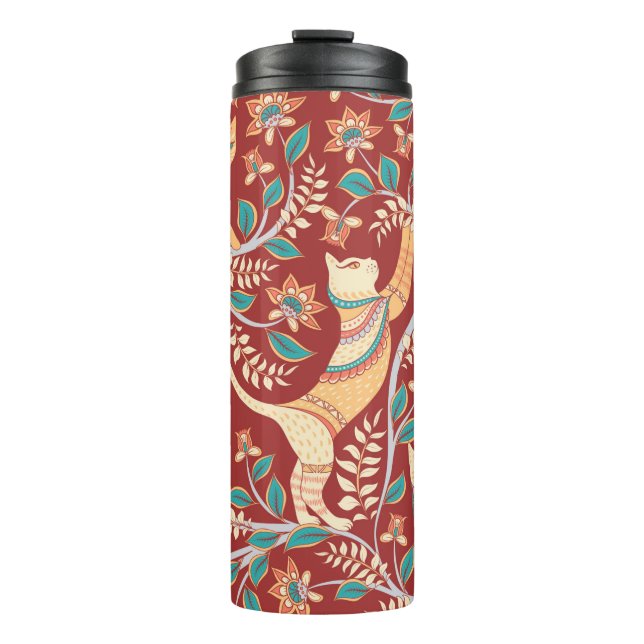 Garrafa Térmica Gatos com ornamentos, ramos com flores e folhas (Frente)