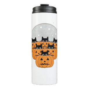 Garrafa Térmica Gatos de Halloween Abóboras Fundo Preto Ilus