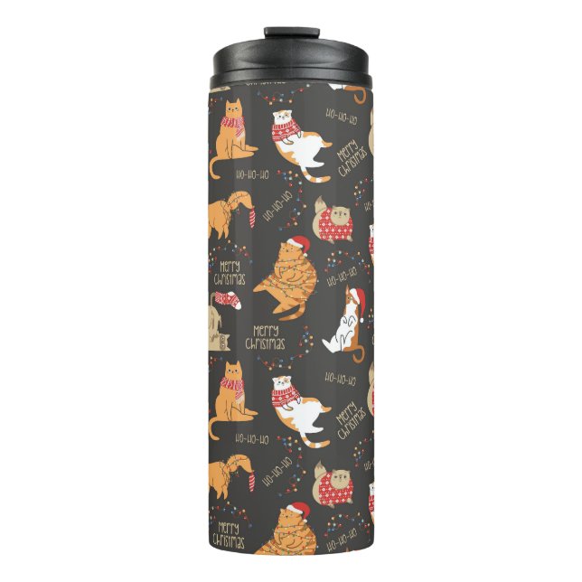 Garrafa Térmica Gatos Festivos com Luzes Padrão de Natal (Frente)