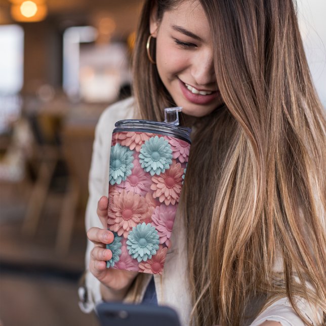 Garrafa Térmica Gerbera Floral 3D (pink floral tumbler)