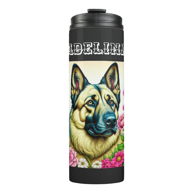 Garrafa Térmica German shepherd personalizado e flores de Whimsica (Frente)