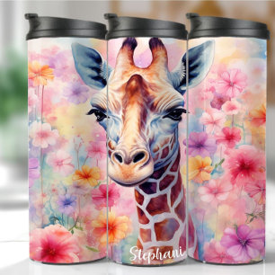 Garrafa Térmica Girafa Bonita Face com Flores Rosa