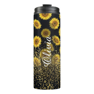Garrafa Térmica Girassol Preto Personalizado com Brilho 475ml