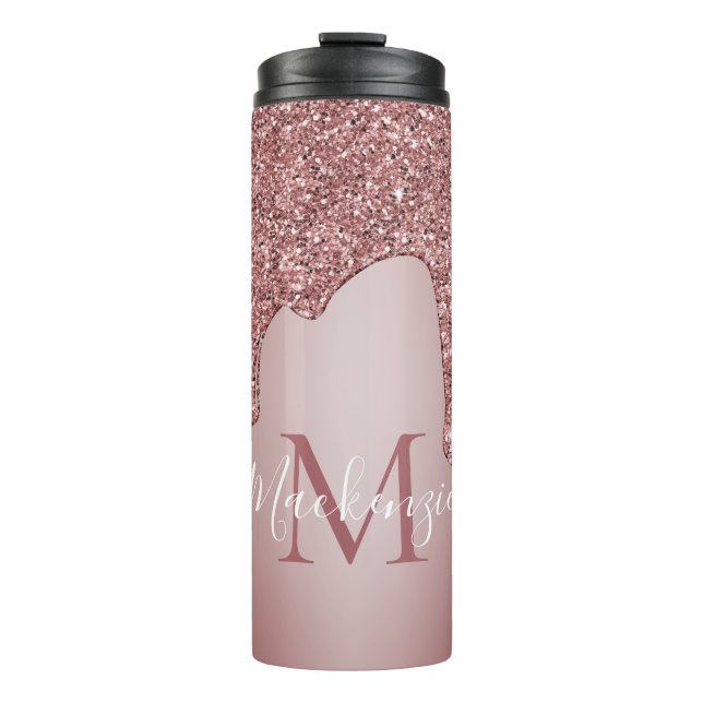 Garrafa Térmica Girly Rosa Dourado Sparkle Glitter Drives Monogram (Frente)