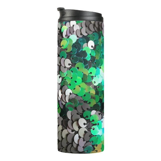 Garrafa Térmica Glamour brilhante elegante verde cinza sequências  (Rotação à direita)