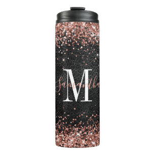 Garrafa Térmica Glitter de Ouro Rosa Falso Couro Preto Monograma