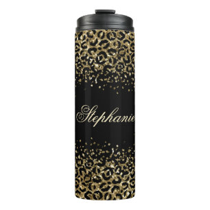 Garrafa Térmica Glitter de Sobreposição Preto com Estampa de Leopa