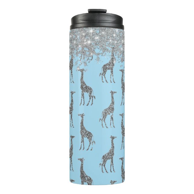 Garrafa Térmica Glittery Silver Giraffe on Dreamy Blue (Frente)