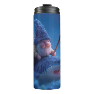 Garrafa Térmica Gnomos Whimsical Andando em Tubarões