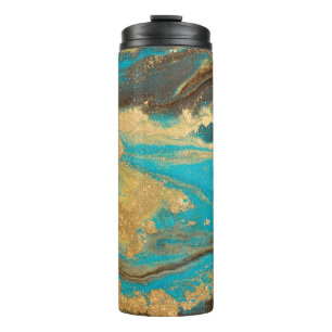 Garrafa Térmica Gold marbling texture design. Blue and golden marb